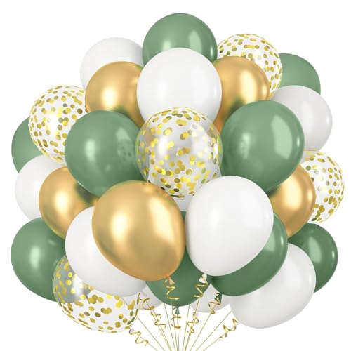 60 Stück Luftballons Weiß Grün Gold, 12 zoll Retro Grün Gold Weiss Metallic Latex luftballons Konfetti luftballons Konfetti luftballons für Geburtstag, Hochzeit, Babyparty Dekoration(WH+GD+GN) von YELYAN
