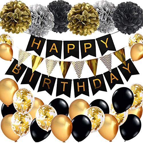 Geburtstagsdeko, Schwarz Gold und Silber Geburtstag Dekoration Set, Happy Birthday Girlande mit Pompoms und Luftballons Konfetti Luftballons für Geburtstag Partydeko von YELYAN