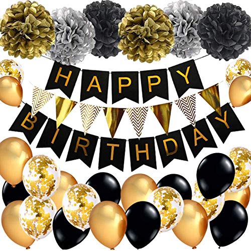 Geburtstagsdeko, Schwarz Gold und Silber Geburtstag Dekoration Set, Happy Birthday Girlande mit Pompoms und Luftballons Konfetti Luftballons für Geburtstag Partydeko Geburtstagsdeko, Schwarz Gold und Silber Geburtstag Dekoration Set, Happy Birthday Girlande mit Pompoms und Luftballons Konfetti Luftballons für Geburtstag Partydeko von YELYAN