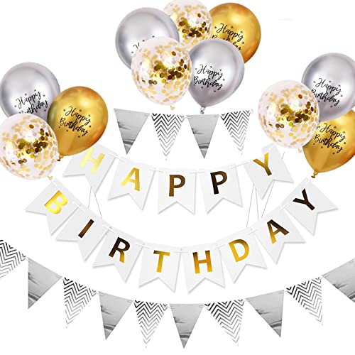 Luftballons Geburtstag Dekoration Set, Gold Silber Geburtstagsdeko Happy Birthday deko Banner Party Deko Geburtstag Set mit Gold Silber Luftballons Konfetti Ballons Dreiecksflaggen Girlanden von YELYAN