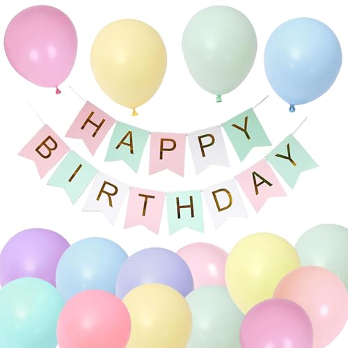 Luftballons Geburtstag Dekoration Set, Macaron Farbe Geburtstagsdeko Happy Birthday deko Banner Party Deko Geburtstag Set mit Macaron Farbe Happy Birthday Latex Luftballons(Macaron) von YELYAN