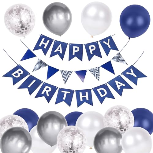 Luftballons Geburtstag Dekoration Set, Marineblau Silber Geburtstagsdeko Happy Birthday deko Banner Party Deko Geburtstag Set mit Luftballons Dreiecksflaggen Girlanden（Marineblau+PT） von YELYAN
