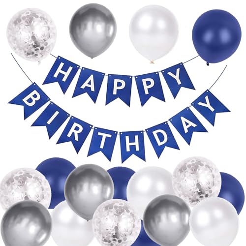 Luftballons Geburtstag Dekoration Set, Marineblau Silber Geburtstagsdeko Happy Birthday deko Banner Party Deko Geburtstag Set mit Marineblau Silber Latex Luftballons Konfetti Ballons（Marineblau） von YELYAN