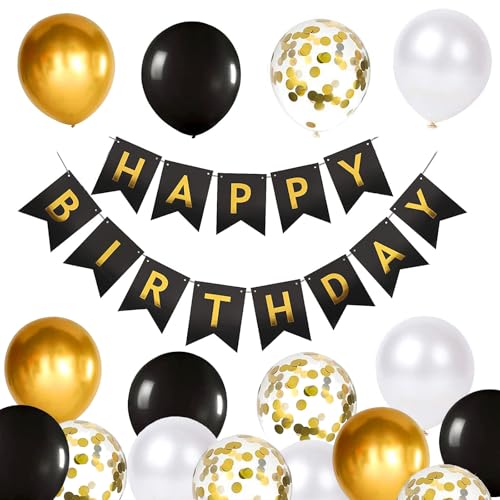 Luftballons Geburtstag Dekoration Set, Schwarz Gold Geburtstagsdeko Happy Birthday deco Banner Party Decor Geburtstag Set mit Schwarz Gold Latex Luftballons Konfetti Ballons（Schwarz&Gold） von YELYAN