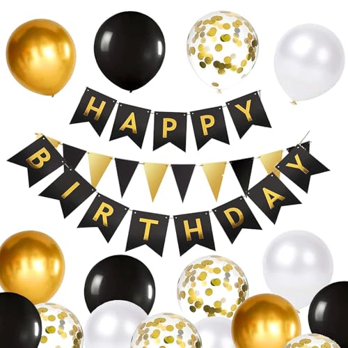 Luftballons Geburtstag Dekoration Set, Schwarz Gold Geburtstagsdeko Happy Birthday deko Banner Party Deko Geburtstag Set mit Luftballons Konfetti Ballons Dreiecksflaggen Girlanden（BK&GD+PT) von YELYAN