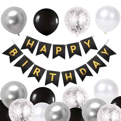 Luftballons Geburtstag Dekoration Set, Schwarz Silber Geburtstagsdeko Happy Birthday deko Banner Party Deko Geburtstag Set mit Schwarz Silber Latex Luftballons Konfetti Ballons(BK+ SR) von YELYAN