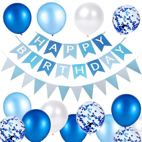 Luftballons Geburtstag Dekoration Set, blau weiße Geburtstagsdeko Happy Birthday deko Banner Party Deko Geburtstag Set mit Luftballons Konfetti Ballons Dreiecksflaggen Girlanden（Blau+PT) von YELYAN