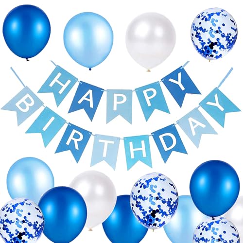 Luftballons Geburtstag Dekoration Set, blau weiße Geburtstagsdeko Happy Birthday deko Banner Party Deko Geburtstag Set mit blau weiße Latex Luftballons Konfetti Ballons（Blau) von YELYAN