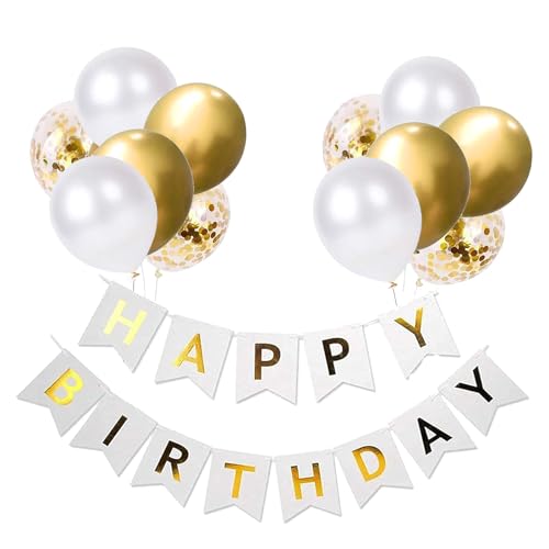 Luftballons Geburtstag Dekoration Set, weiß Gold Geburtstagsdeko Happy Birthday deko Banner Party Deko Geburtstag Set mit weiß Gold Happy Birthday Luftballons Konfetti Ballons（WH+GD） von YELYAN