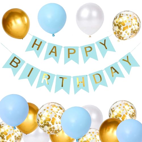 Macaron Luftballons Geburtstag Dekoration Set, Macaron Blau Golden Geburtstagsdeko Happy Birthday deko Banner Party Deko Geburtstag Set mit Luftballons für Mädchen junge Dekorationen（BL) von YELYAN