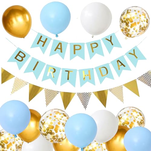 Macaron Luftballons Geburtstag Dekoration Set, Macaron blau Golden Geburtstagsdeko Happy Birthday deko Banner Party Deko Geburtstag Set mit Luftballons Dreiecksflaggen Girlanden（BL+SJQ) von YELYAN