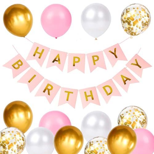 Macaron Luftballons Geburtstag Dekoration Set, rosa Gold Geburtstagsdeko Happy Birthday deko Banner Party Deko Geburtstag Set mit Luftballons für Mädchen junge Geburtstagsfeier Dekorationen（RO) von YELYAN