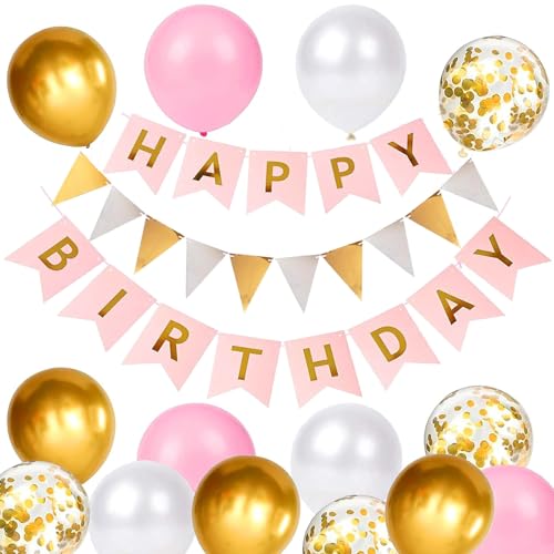 Macaron Luftballons Geburtstag Dekoration Set,Macaron rosa Gold Geburtstagsdeko Happy Birthday deko Banner Party Deko Geburtstag Set mit Luftballons Konfetti Ballons Dreiecksflaggen Girlanden（RO+SJQ) von YELYAN