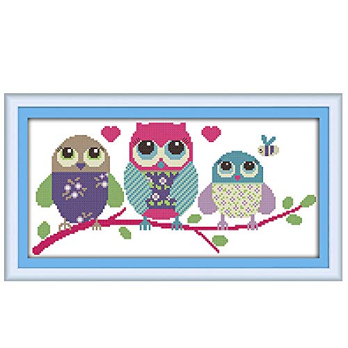 YEPLINS Kreuzstich-Kit mit gestempeltem Stoff DIY-Stick-Kits für Anfänger, Kinder und Erwachsene mit 11CT-Muster Drei Cartoon-Eulen 48x24CM von YEPLINS