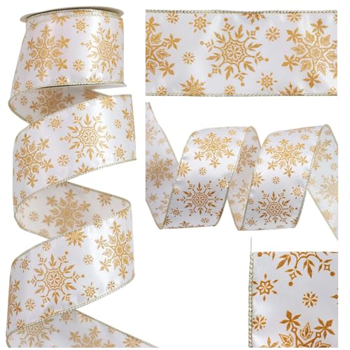 YERELO 9,4 m/Rollen 6,3 cm weiß gebeiztes Drahtband Gold Weihnachten Schneeflocke Bänder Sortiment für Handwerk, Kranz, Geschenkverpackung, Geburtstagsparty, Weihnachtsbaum, Basteln von YERELO
