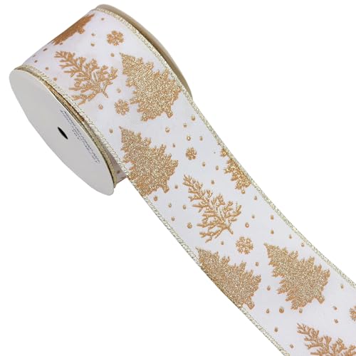 YERELO 9,4 m / Rollen 6,3 cm weißes Juteband mit Draht, goldfarben, Weihnachtsbaum-Bänder, Sortiment für Handwerk, Kranz, Geschenkverpackung, Geburtstagsparty, Weihnachtsbaum, Basteln von YERELO