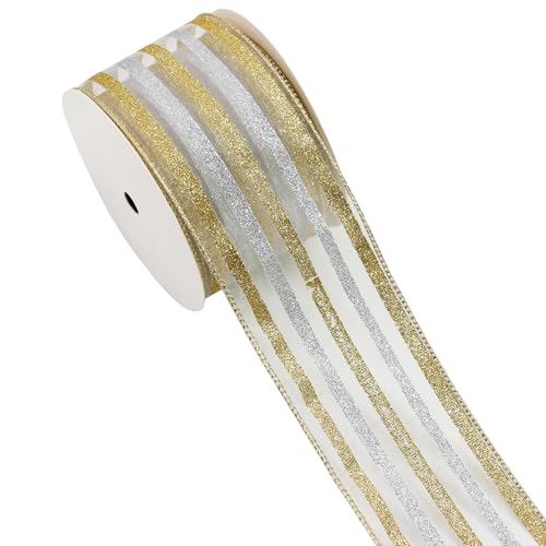 YERELO Organza-Band, 9,4 m, 6,3 cm, goldfarben und silberfarben, gestreift, Sortiment für Bastelarbeiten, Kranz, Geschenkverpackungen, Geburtstagsparty, Weihnachtsbaum, Basteln von YERELO