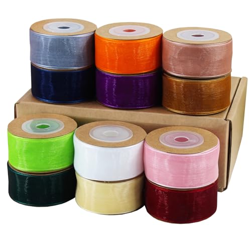 YERELO Organzaband, 9,1 m x 12 Rollen, gemischte Farben, durchscheinende Bänder, 2,5 cm x 120 m, doppelseitig, für Weihnachtsbaum-Bastelarbeiten, Kranz, Geschenkverpackungen von YERELO