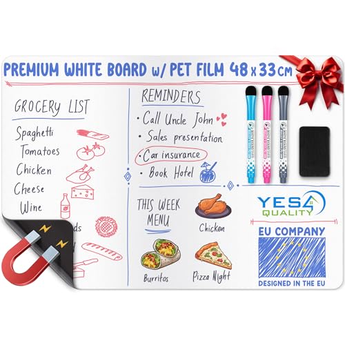 Magnetische Whiteboard-Folie für den Kühlschrank – 48 x 33 cm – schmutzabweisend, mit 3 feinen Stiften und großem Radiergummi mit Magnet – von Yes4Quality Magnetische Whiteboard-Folie für den Kühlschrank – 48 x 33 cm – schmutzabweisend, mit 3 feinen Stiften und großem Radiergummi mit Magnet – von Yes4Quality von YES4QUALITY
