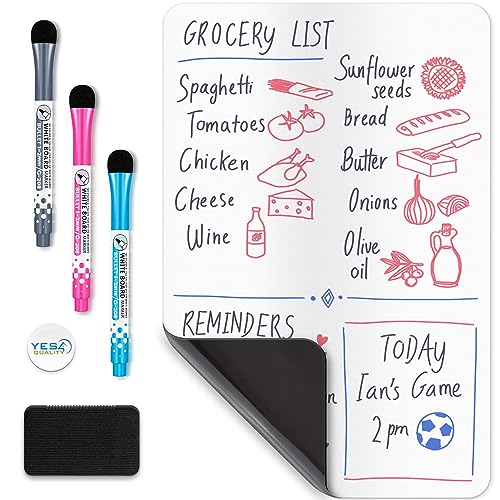 Magnetische Whiteboard-Folie für den Kühlschrank – A4 (30 x 20 cm) – schmutzabweisend, mit 3 Stiften und großem Radiergummi mit Magnet – von Yes4Quality von YES4QUALITY