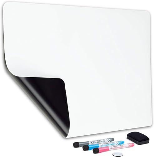 Magnetische, trocken abwischbare Whiteboard-Folie für den Kühlschrank – 48 x 33 cm – schmutzabweisend mit 3 Markern mit feiner Spitze und großem Radiergummi mit Magnet – von Yes4Quality von YES4QUALITY