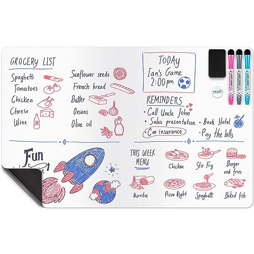 Magnetische Whiteboard-Folie für den Kühlschrank – 63 x 40 cm – schmutzabweisend, mit 3 Stiften und großem Radiergummi mit Magnet – von Yes4Quality von YES4QUALITY