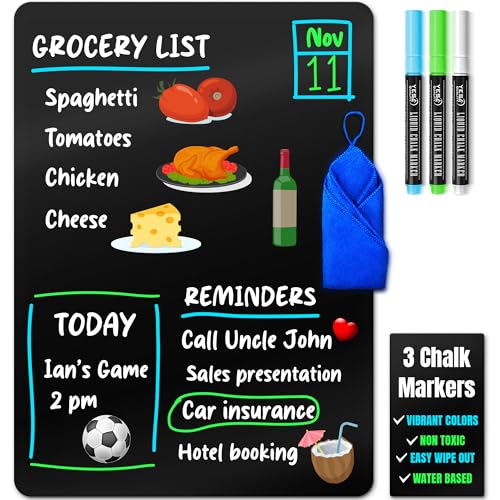 YES4QUALITY Magnetische, trocken abwischbare Tafel für Kühlschrank (48,3 x 33 cm), schmutzabweisend, mit 3 magnetischen, feinen Spitzen-Neon-Kreidemarkern und Radiergummi, Schwarz von YES4QUALITY