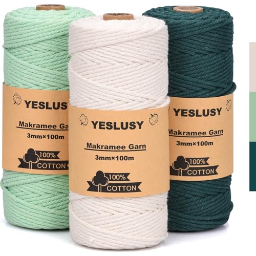 YESLUSY Premium Makramee Garn Natur 3er Set, 3mm x 100m Baumwollgarn, 100% Baumwolle für DIY Handwerk, Weihnachten, Weben Dekoration und Hängepflanzen von YESLUSY