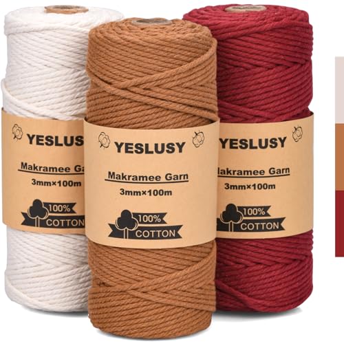 YESLUSY Premium Makramee Garn Natur 3er Set, Makramee Garn Set Rot, 3mm x 100m Baumwollgarn, 100% Baumwolle für DIY Handwerk, Weihnachten, Weben Boho Dekoration und Hängepflanzen von YESLUSY