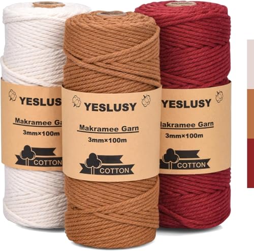 YESLUSY Premium Makramee Garn Natur 3er Set, Makramee Garn Set Rot, 3mm x 100m Baumwollgarn, für DIY Handwerk, Weihnachten, Weben Boho Dekoration und Hängepflanzen von YESLUSY