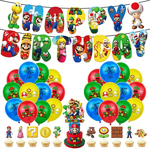 Super Mario 11pcs Cake Topper Decorating Set, 24pcs Latex Balloons, Happy Birthday Banner Bunting for Boys Girls Birthday, Baby Shower Decoration Super Mario 11pcs Cake Topper Decorating Set, 24pcs Latex Balloons, Happy Birthday Banner Bunting for Boys Girls Birthday, Baby Shower Decoration von YEZIDE