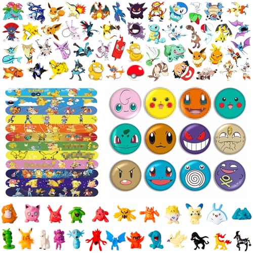 YFCHOTI Mitgebsel Kindergeburtstag Gastgeschenke, 98pcs Kinder Geburtstag Mitbringsel Set mit Minifiguren Button-Anstecker Schnapparmbänder Aufkleber, Party Kleine Geschenke Give Aways Jungen Mädchen von YFCHOTI