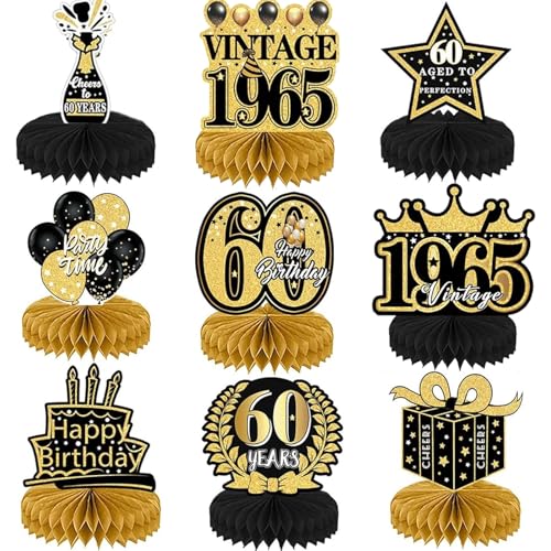 YFJSML 9 Stück Schwarze Goldene Bienenwabe Mittelstück Tischdeko Geburtstag, 60. Geburtstag Junge, 60 Geburtstag Deko, 60 Geburtstag Party Deko für Männer (Schwarze Goldene) von YFJSML