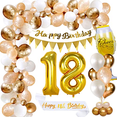 18 Geburtstag Deko Mädchen, Champagner Gold Deko 18. Geburtstag Junge, 18 Geburtstag Deko 18 Zahlenballon Happy Birthday Banner Geburtstag-Schärpe, 18. Geburtstag Mädchen Junge Party Deko von YFKJEU