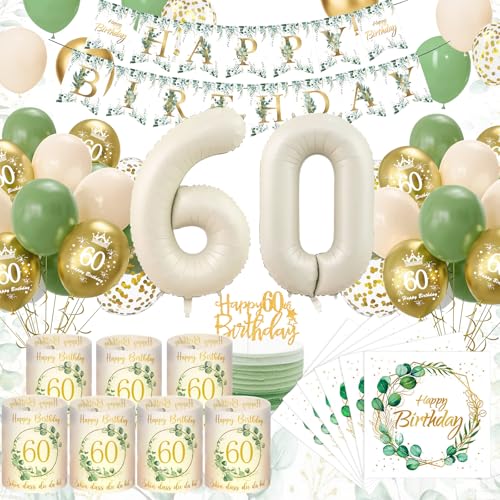 60 Geburtstag Deko, Grün Gold 60 Geburtstagsdeko Frau Mann 60th Luftballons Geburtstag, 8 Windlicht Tischdeko 60 Geburtstag, Eukalyptus Birthday Banner Servietten Deko Geburtstag Frau Mann von YFKJEU