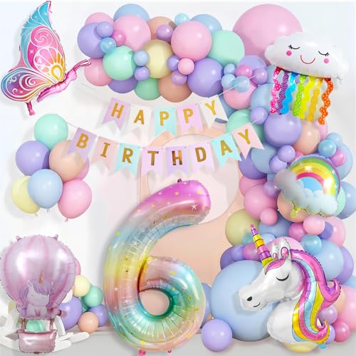 Einhorn Geburtstagsdeko Mädchen 6 Jahre, Kindergeburtstag Luftballons, Happy Birthday Banner, Schmetterling Folienballon, 6. Geburtstag Mädchen Deko von YFKJEU