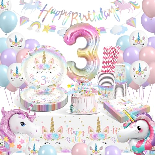 Einhorn Partygeschirr Set, 3 Jahre Einhorn Kindergeburtstag Deko, Einhorn Geburtstagsdeko Mädchen 3 Jahre, Luftballons Pappteller Tassen Servietten Tischdecke für Party Kindergeburtstag 16 Gäste Einhorn Partygeschirr Set, 3 Jahre Einhorn Kindergeburtstag Deko, Einhorn Geburtstagsdeko Mädchen 3 Jahre, Luftballons Pappteller Tassen Servietten Tischdecke für Party Kindergeburtstag 16 Gäste von YFKJEU