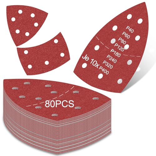 80 Stück Schleifpapier für Dreieckschleifer,11-Loch Dreieckschleifpapier in 8 Körnungen（40-400),Ideal für Exzenterschleifer,Holz,Metallbearbeitung,Inkl,10x je Körnung (40/60/80/120/180/240/320/400) von YFLeomry
