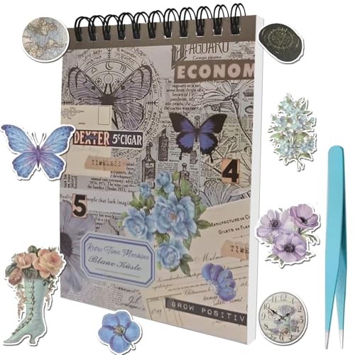 YFLeomry Scrapbook Set mit 50 Blatt，Scrapbooking Zubehör für Fotoalben, Tagebücher ，DIY Projekte，Kreative Scrapbook Stickers mit Vintage, Blumen，Schmetterlinge，Zitat，Motive(Blau) von YFLeomry