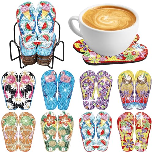 8 Stück Diamond Painting Untersetzer Set, DIY Bastelset für Erwachsene & Anfänger, Tropische Flip-Flop & Flamingo Designs, Kreative Coaster Bastelidee für Party & Geschenk von YFNVH