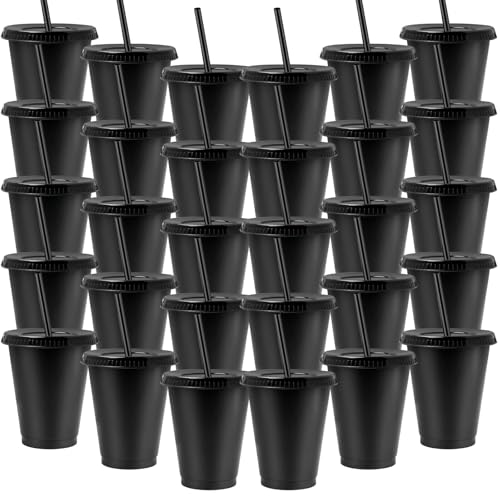YFNVH 30 Stück Trinkbecher mit Deckeln und Strohhalmen, 450 ml Plastikbecher Kinder Mehrweg Kunststoffbecher für Eiskaffee, Smoothie, Säfte, Geburtstag, Partyzubehör (Schwarze) von YFNVH