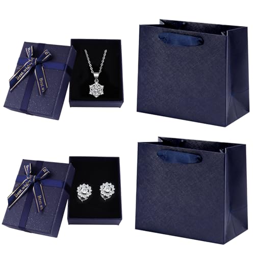 2 Stücke Schmuckschatullen mit Geschenkbeutel,9 x 7 x 3 cm,Schmuck Geschenkboxen,Geschenkverpackung Schmuck mit Schleife zum Ohrringen und Halskette,Geschenkbox Kleine mit Deckel (Dunkelblau) von YFPOPONE