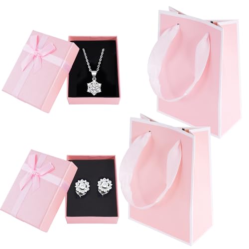 YFPOPONE 2 Stücke Schmuckschatullen mit Geschenkbeutel,9 x 7 x 3 cm,Schmuck Geschenkboxen,Geschenkverpackung Schmuck mit Schleife zum Ohrringen und Halskette,Geschenkbox Kleine mit Deckel (Rosa) von YFPOPONE
