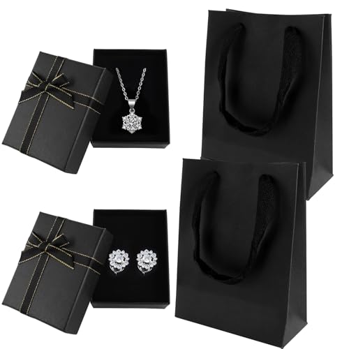 YFPOPONE 2 Stücke Schmuckschatullen mit Geschenkbeutel,9 x 7 x 3 cm,Schmuck Geschenkboxen,Geschenkverpackung Schmuck mit Schleife zum Ohrringen und Halskette,Geschenkbox Kleine mit Deckel (Schwarz) von YFPOPONE