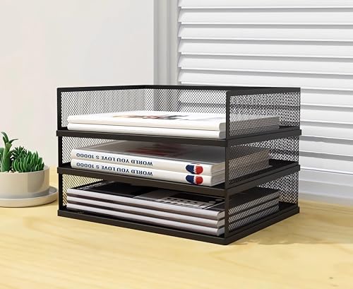 Stapelbare Papier-Briefablage, A3, 2/3/4 Etagen, Metallnetz-Aktenordner für den Schreibtisch mit Aktenhalter für Heimbürobedarf, Schwarz, Weiß (A3, Schwarz, horizontal, 3 Etagen) von YFS