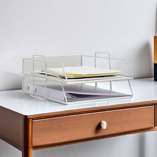 YFS A4-Briefablage, Netzstoff, Papier-Organizer mit Griff, stapelbare Briefablage, Dokumenten-Organizer, Bürodekoration (A4, vertikal, weiß, 2 Etagen) von YFS