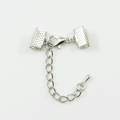10–50 Stück Quetschperlen, Cove-Verschlüsse, Kordel-Endkappen, Schnurband, Lederclip, Foldover-Verbinder, Zubehör für DIY-Schmuckteile, Rhodium mit Kette, 10 mm von YFSHC