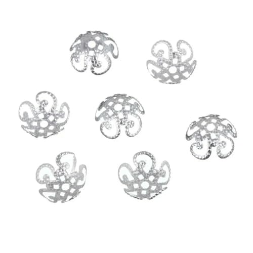 10 mm, 100 Stück, goldene/silbrige Metall-Hohlblumen-Perlenkappen, DIY für Perlen, Schmuckherstellung, Silber, 10 mm, 100 Stück von YFSHC