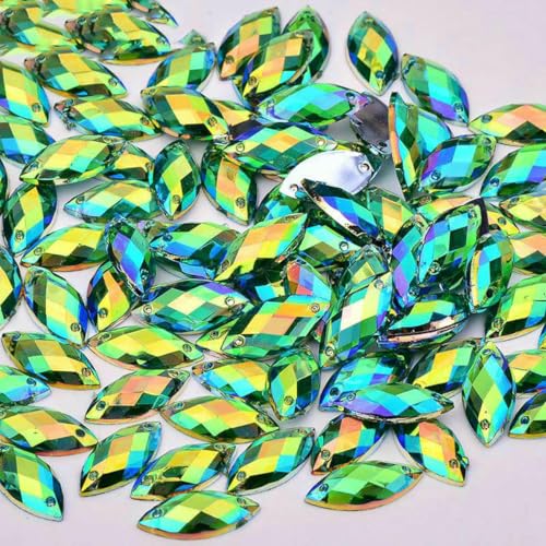 100 Stück 7 x 15 mm blaue AB-Kristalle zum Nähen von Pferdeaugen-Strass-Applikation mit flacher Rückseite, Acryldiamant für Bekleidungszubehör, Grün AB von YFSHC