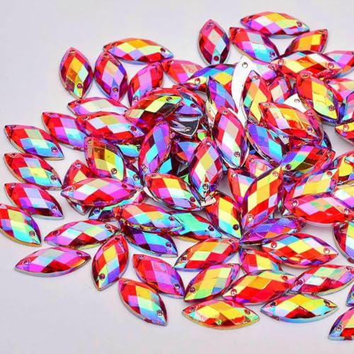 100 Stück 7 x 15 mm blaue AB-Kristalle zum Nähen von Pferdeaugen-Strass-Applikation mit flacher Rückseite, Acryldiamant für Bekleidungszubehör, Rot AB von YFSHC
